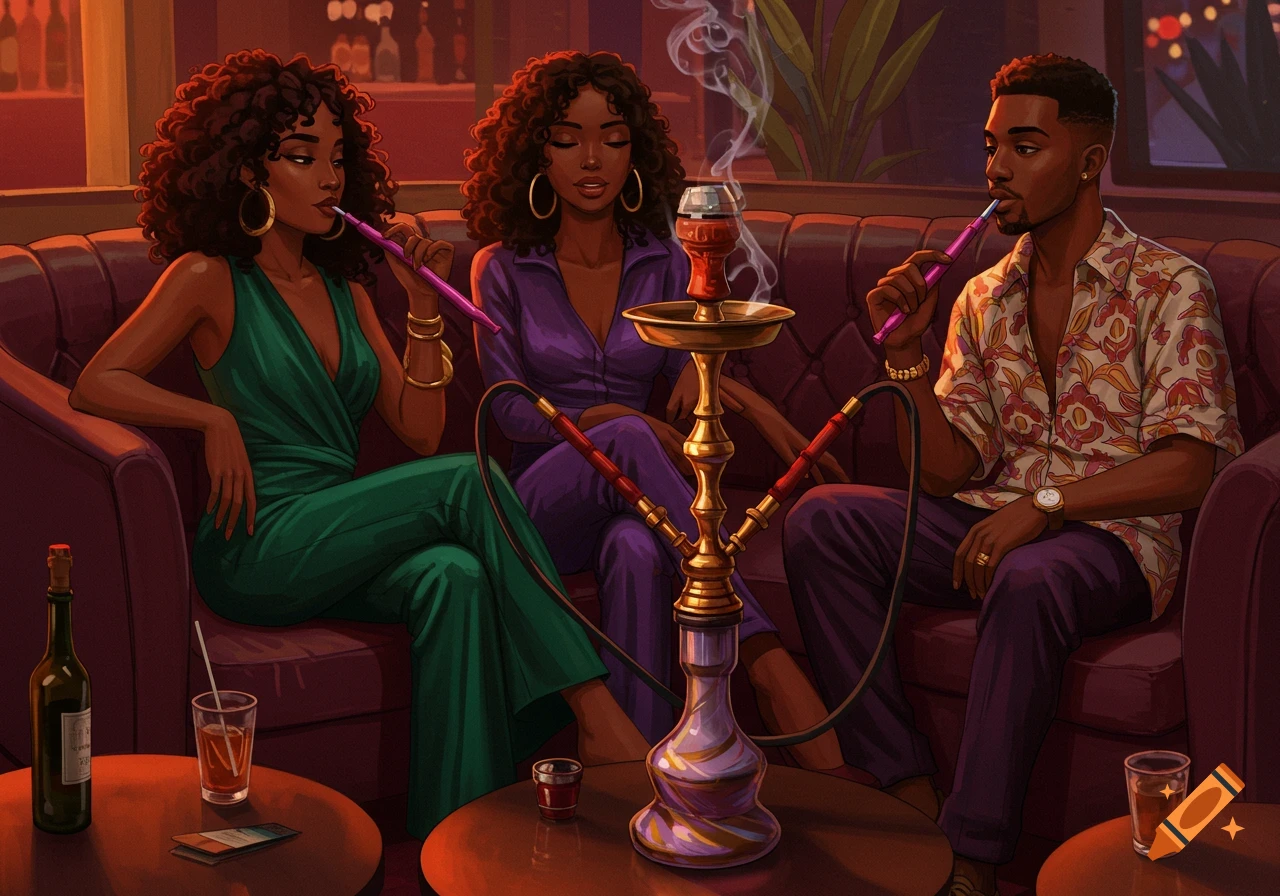 Three Black friends smoke hookah and drink in a dimly lit lounge. Illustration style.