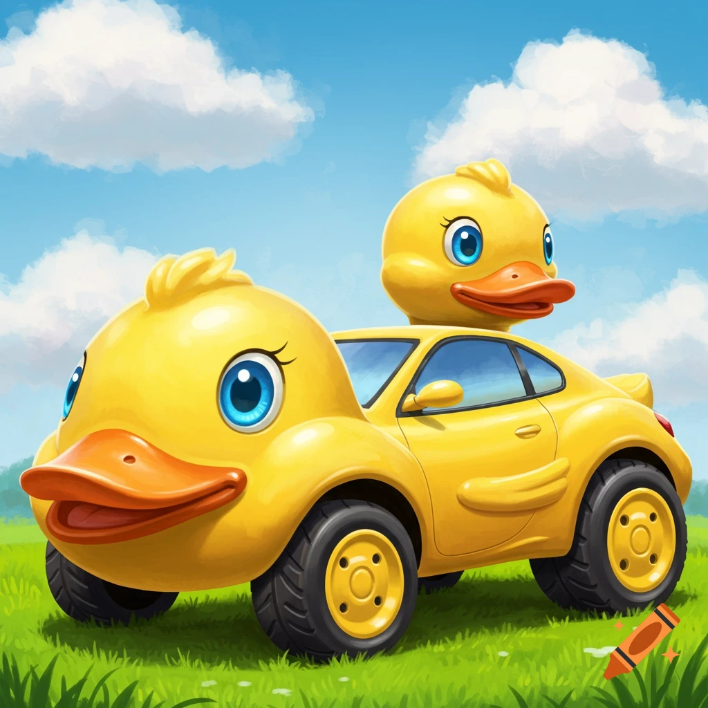 A cartoonish yellow car shaped like a duck with a duck head on top, sitting in a grassy field under a cloudy sky.