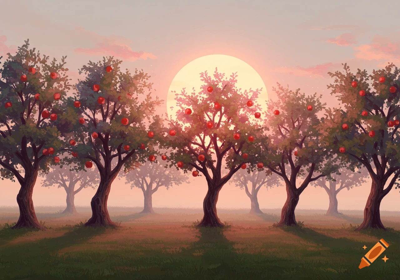 An orchard of apple trees silhouetted against a large pink and gold sun in the sky.