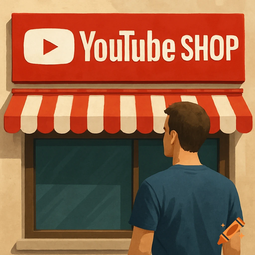 An illustration of a man looking at a store sign that says 'YouTube SHOP'.