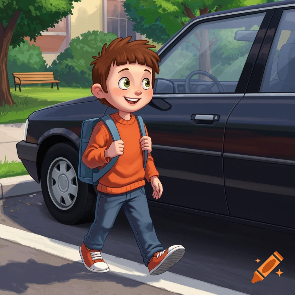 Illustration of a young boy with a backpack walking on a sidewalk next to a black car.