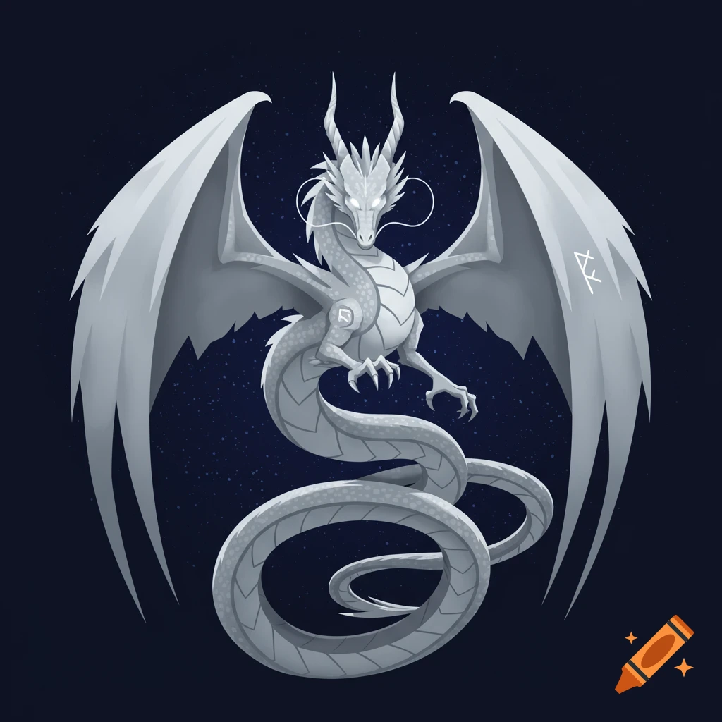 A silver dragon with spread wings and a coiled body on a dark blue starry background in a minimalist vector style.