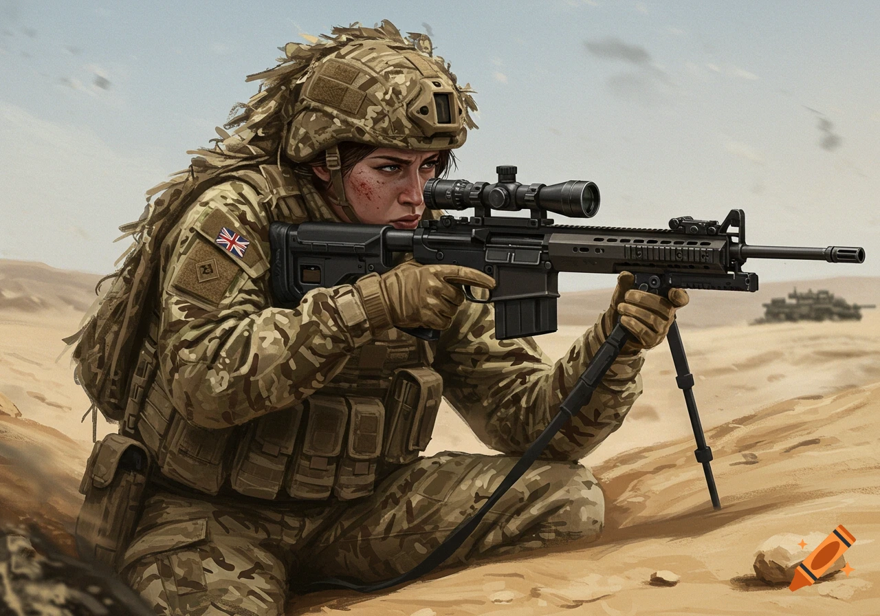A female British soldier in camouflage aims a sniper rifle in a desert.