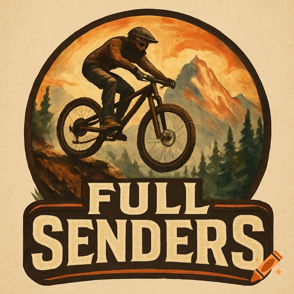 Mountain biking logo with a rider jumping, mountains, and trees. Text reads 'FULL SENDERS'.