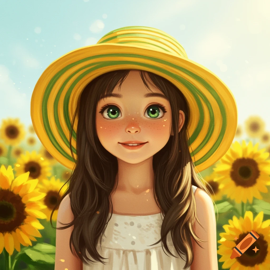 Illustration of a cartoon girl in a striped hat in a field of sunflowers.