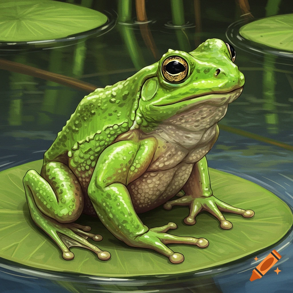 Illustration of a muscular green frog sitting on a lily pad in a pond.