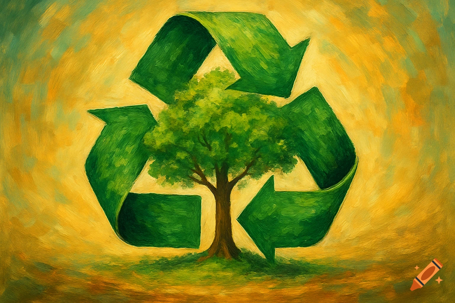 Painting of a green recycling symbol surrounding a tree against a textured yellow and green background.