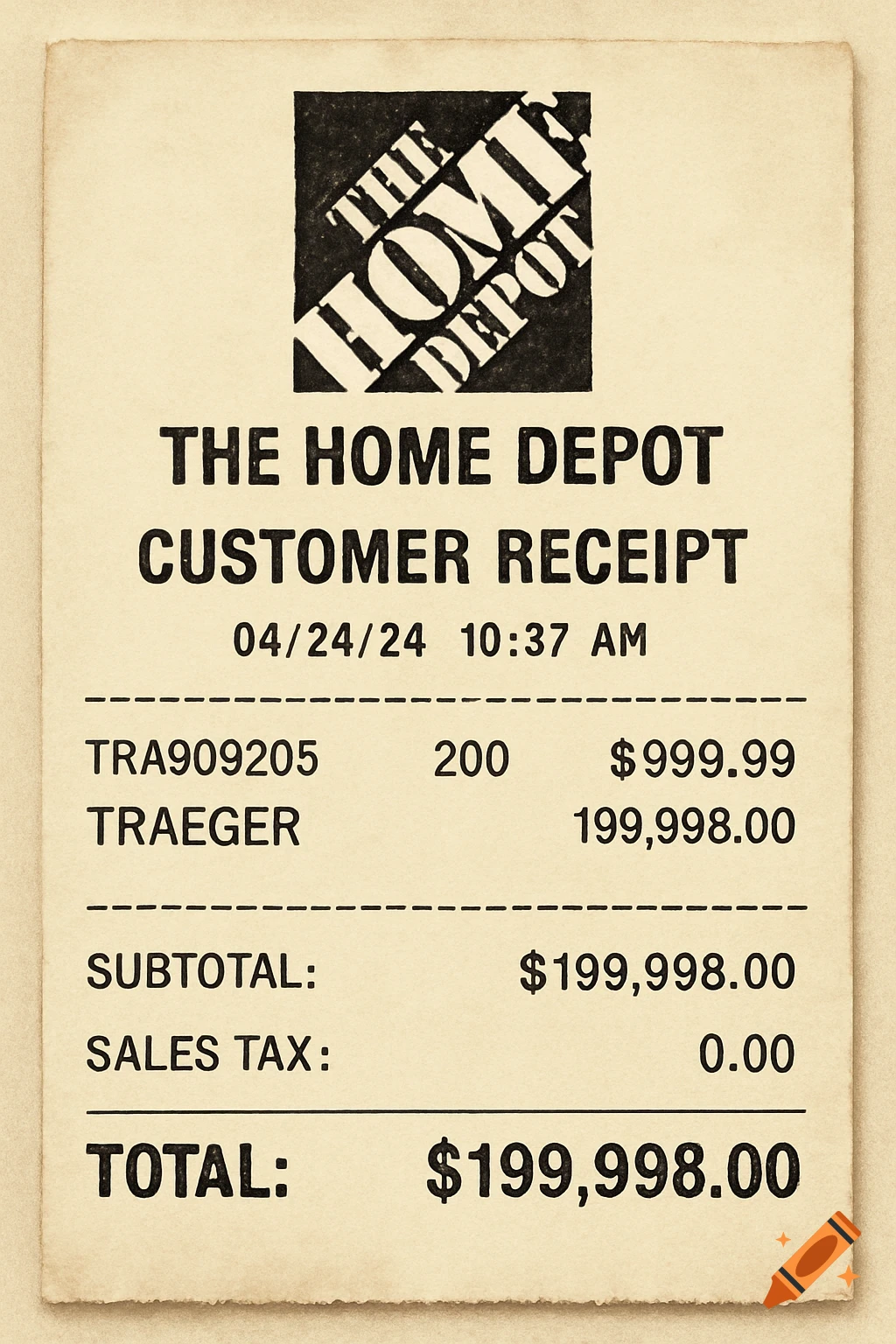 A Home Depot customer receipt showing a large purchase of Traeger grills.