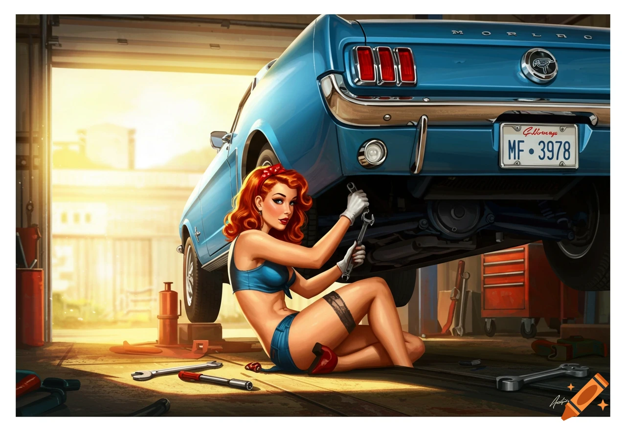 Pin-up style illustration of a mechanic woman in a bikini and shorts working on a blue classic car in a garage.