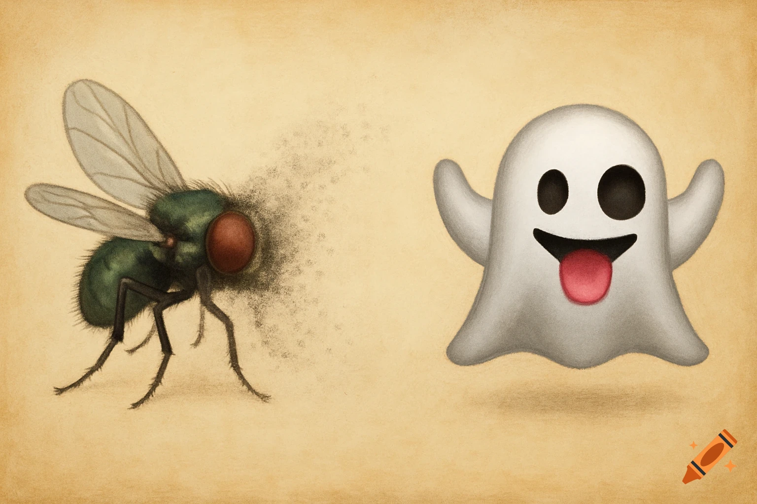 An illustration of a fly dissolving into dust next to a smiling ghost emoji with its tongue out.