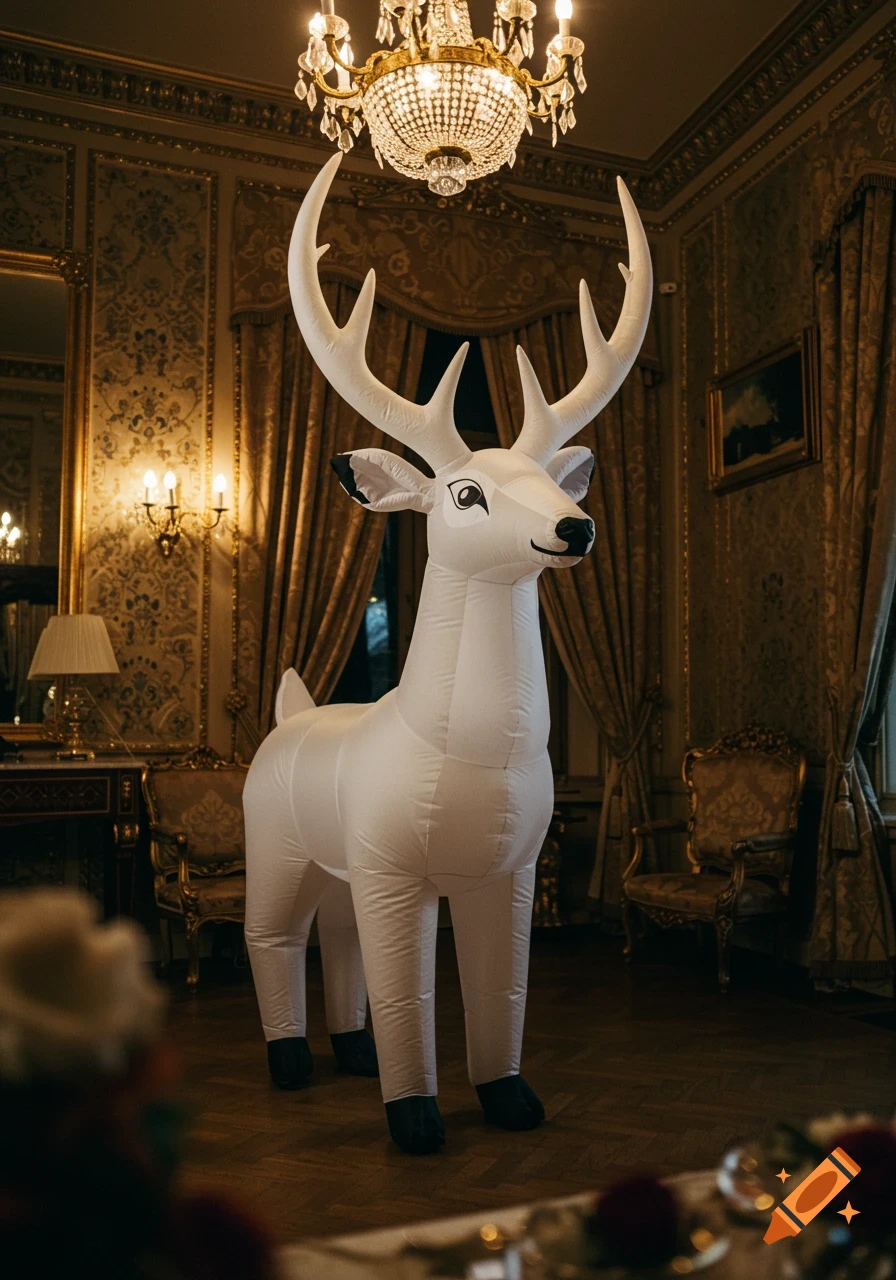 A large white inflatable deer stands in a luxurious room with gold patterned walls, ornate chairs, and a crystal chandelier.