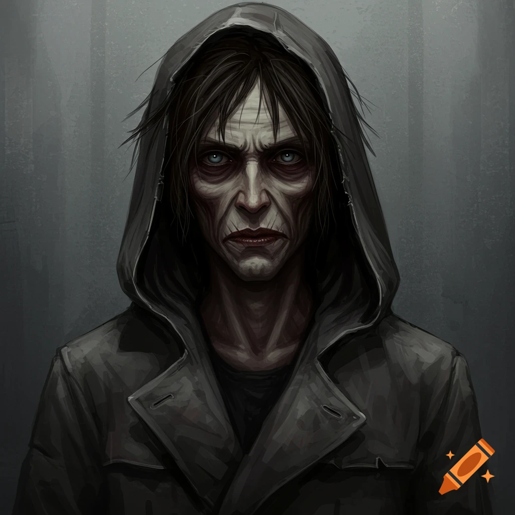 Portrait of a creepy person with wrinkled skin and sunken eyes in a dark hooded coat.
