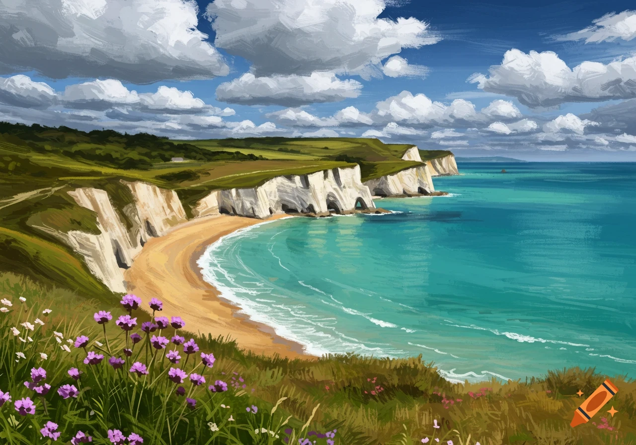 Digital painting of white coastal cliffs, a beach, turquoise sea, and flowers.