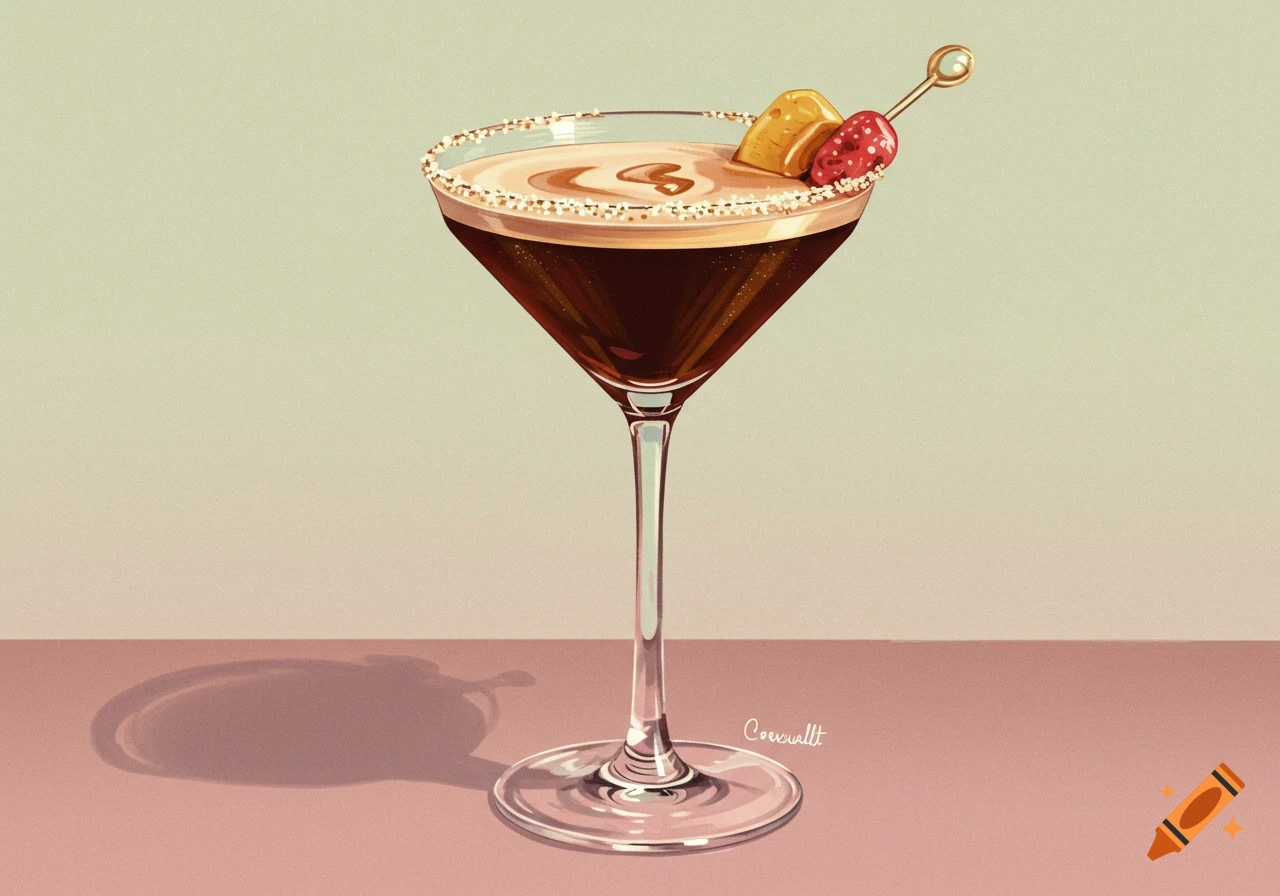 Illustration of an espresso martini with a sugared rim and garnish.