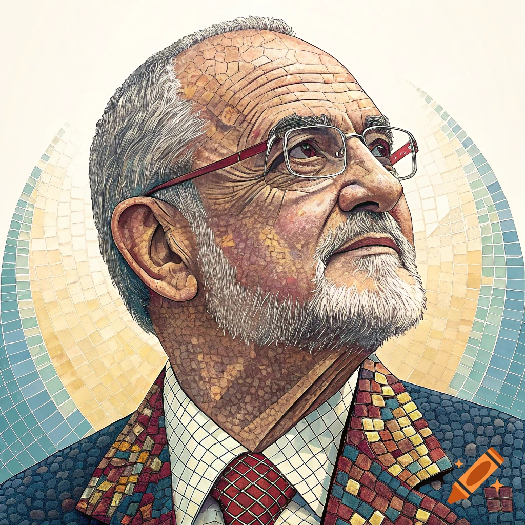 Mosaic portrait of an older man in glasses and a suit