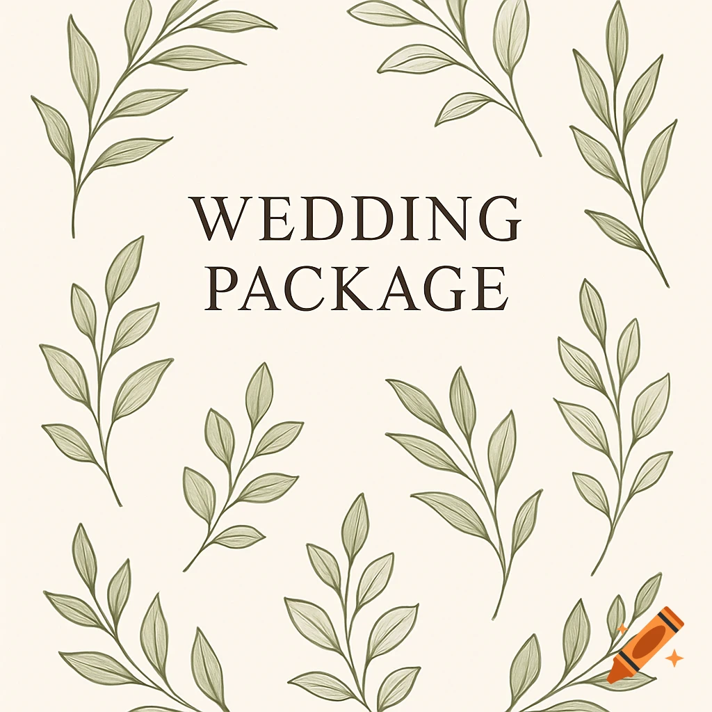Elegant graphic design with "WEDDING PACKAGE" text surrounded by green leaves.