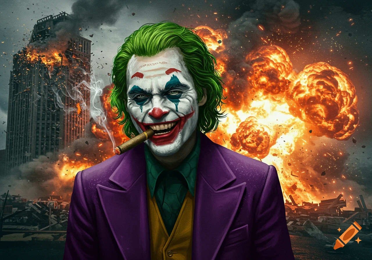 The Joker character smokes a cigar in front of a destroyed city with large explosions.