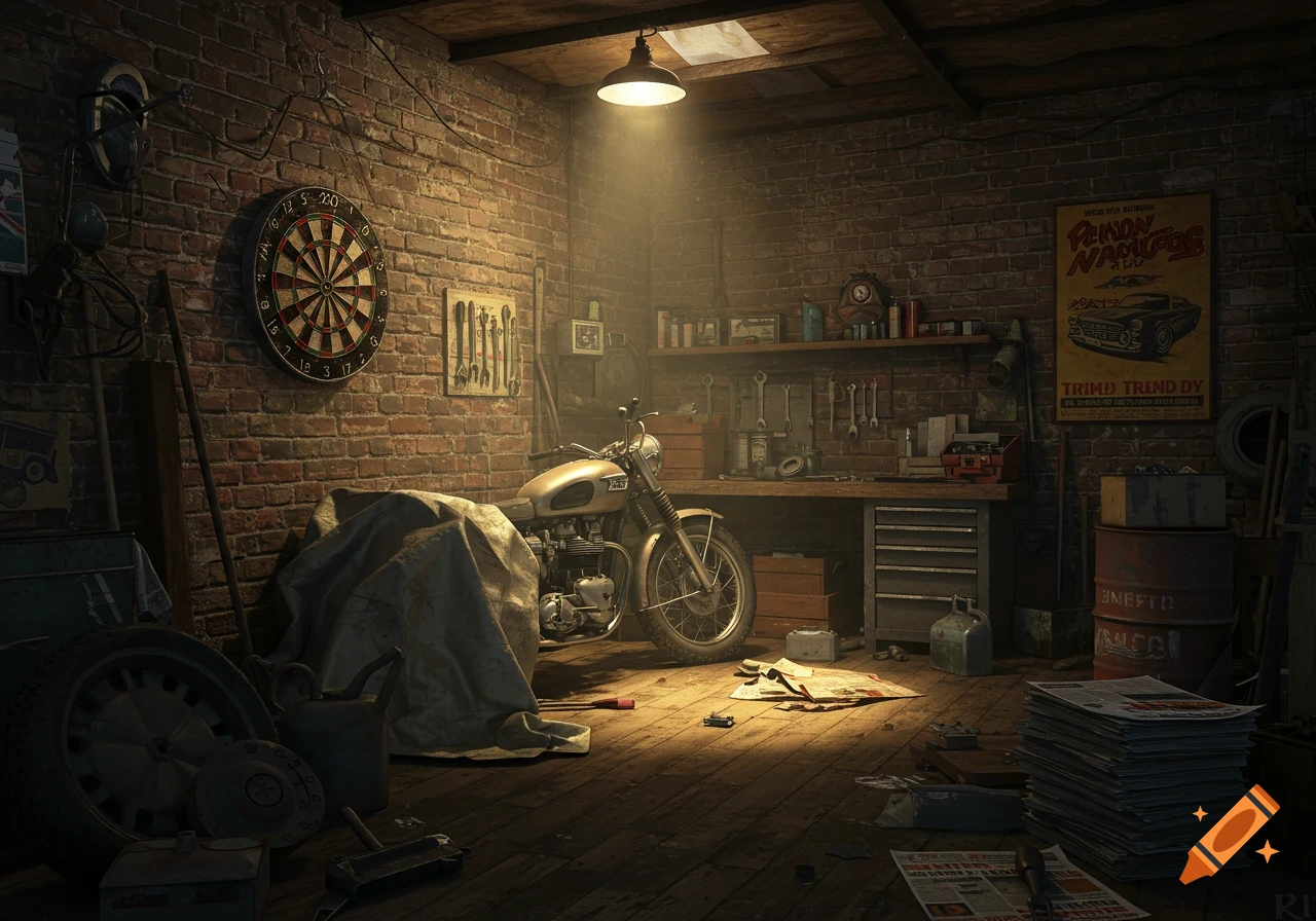 A cluttered garage or workshop with a covered motorcycle, tools on the walls and shelves, a dartboard, and scattered newspapers.