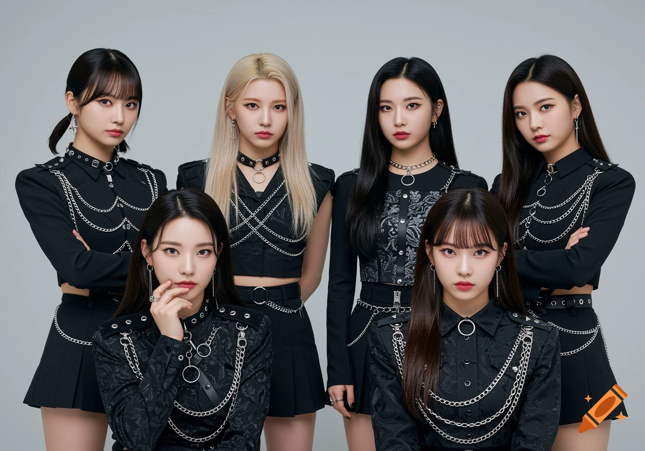 Six women in black outfits with silver chains pose in a studio.