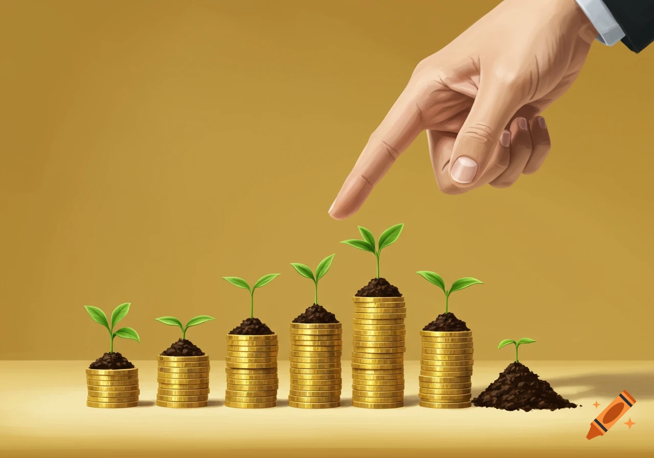 Hand points at growing plants on stacks of gold coins, symbolizing financial growth. Semi-realistic illustration.