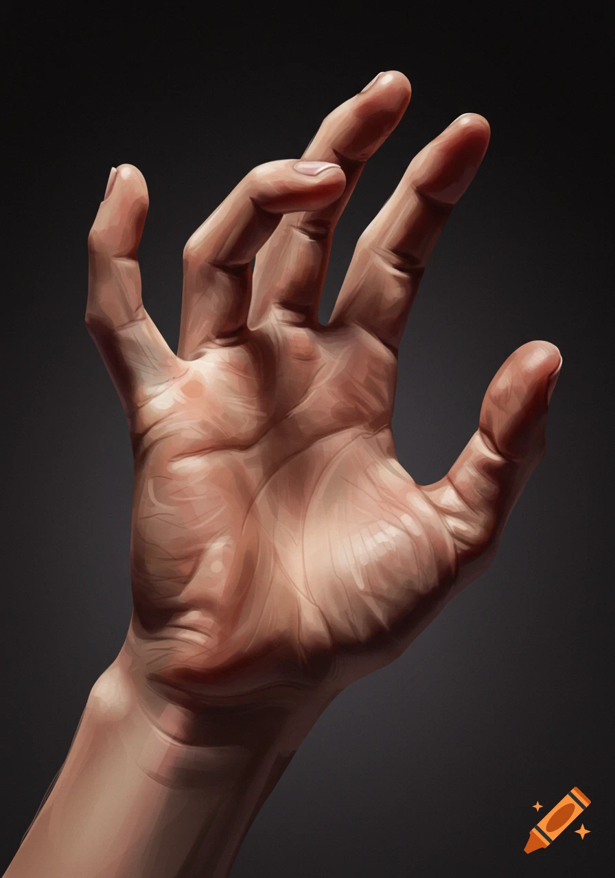 Close-up digital painting of a hand reaching out against a dark background.