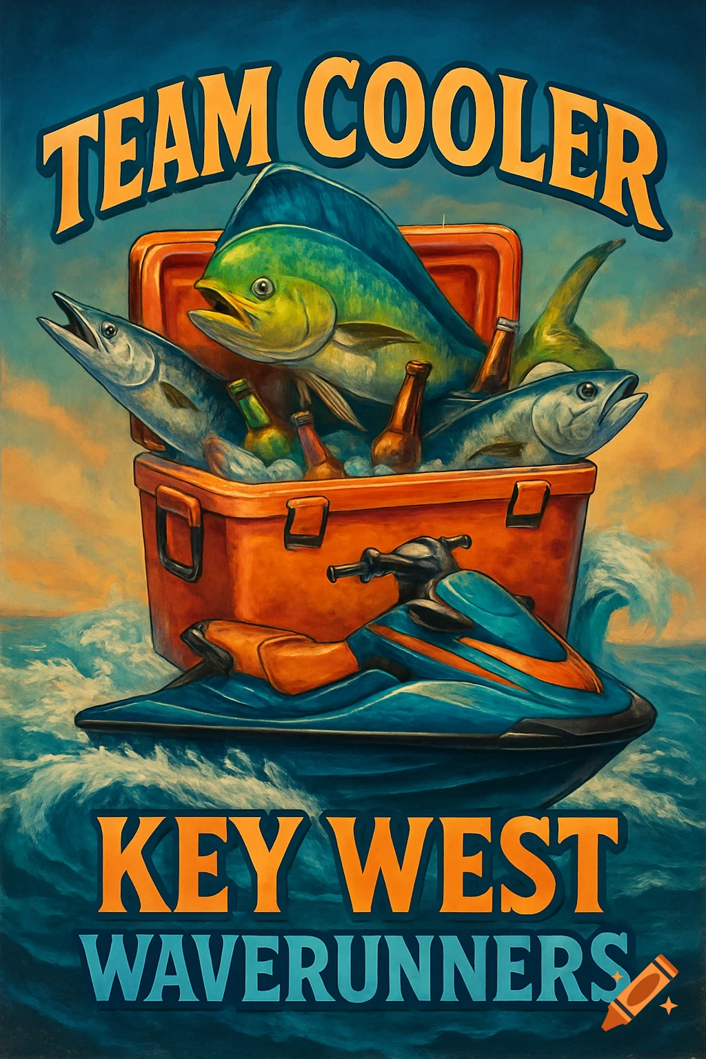 Painting of a cooler overflowing with fish and bottles on a jet ski in rough water. Text says "TEAM COOLER" and "KEY WEST WAVERUNNERS".