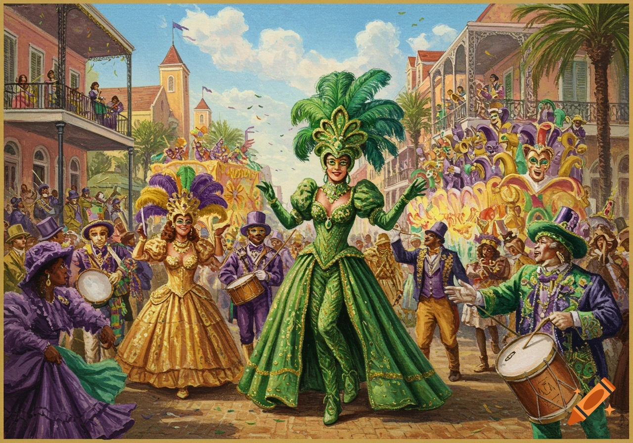 A vibrant illustration of a Mardi Gras parade with people in elaborate costumes on a street.