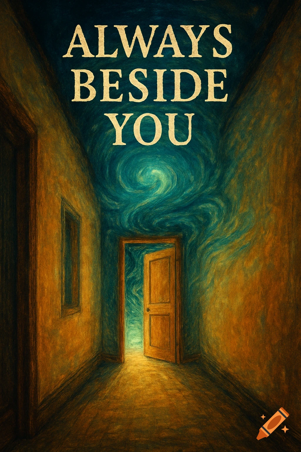 Dreamlike painterly image of a hallway with an open door and the text ALWAYS BESIDE YOU.