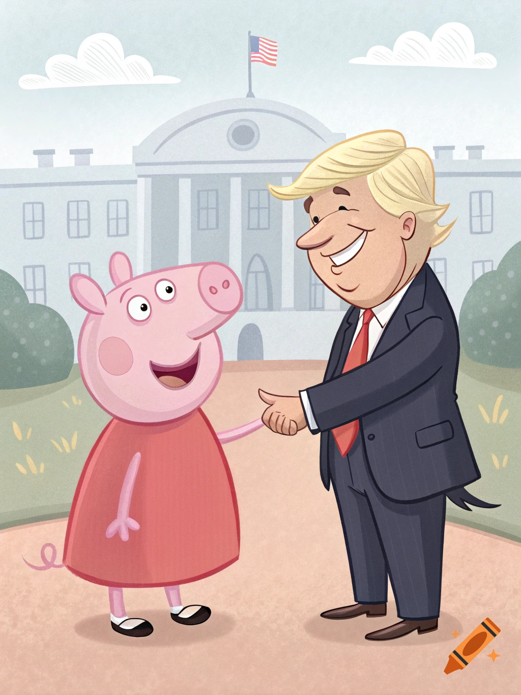 Cartoon illustration of Peppa Pig shaking hands with Donald Trump in front of a government building.