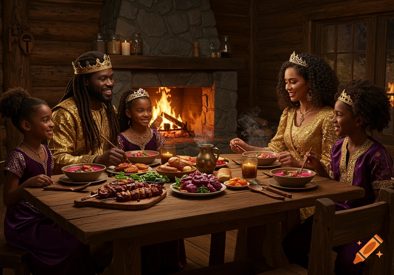 A royal family of five, wearing crowns and regal clothing, has dinner in a cozy cabin by a fireplace.