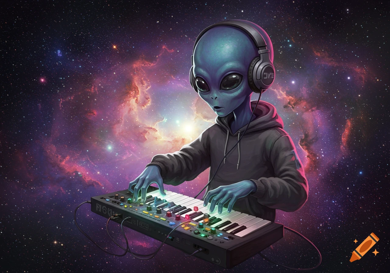 A blue alien in a hoodie and headphones plays a keyboard in space.