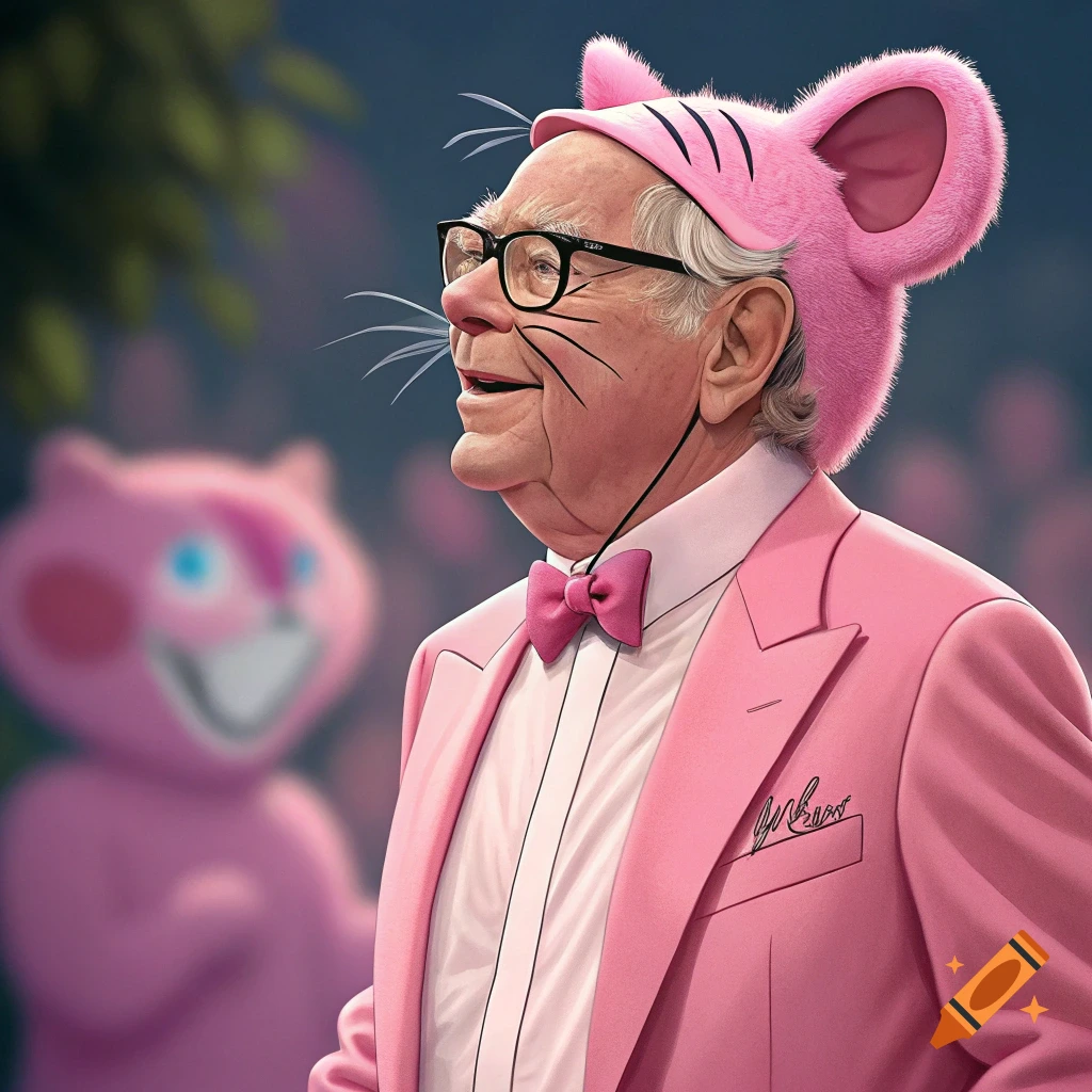 Warren Buffett in a pink suit and cat costume with whiskers, a blurry pink figure in the background.