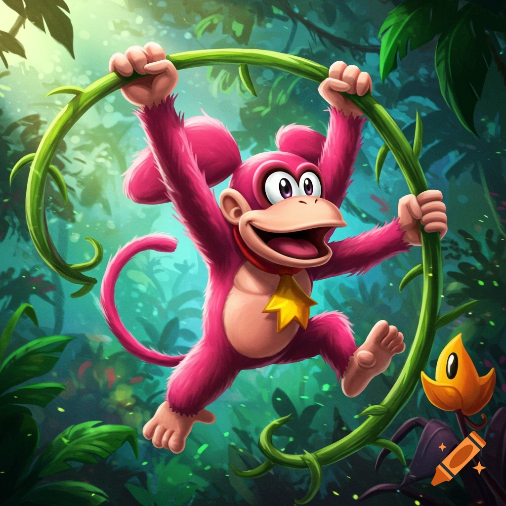 Pink cartoon monkey swinging on a vine in a jungle.