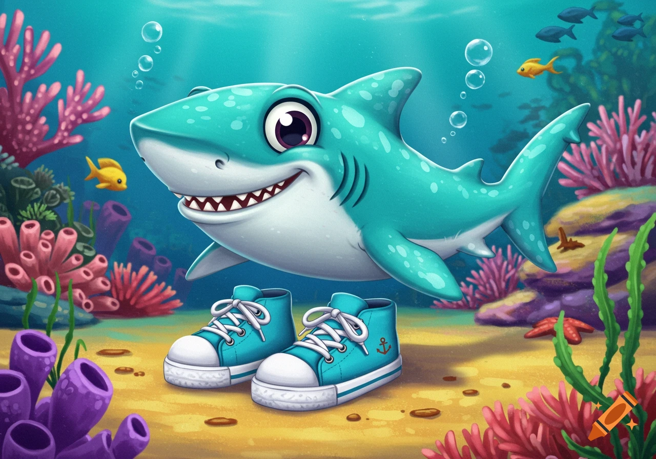 A friendly cartoon shark swims underwater near a pair of blue sneakers, surrounded by colorful coral and fish.