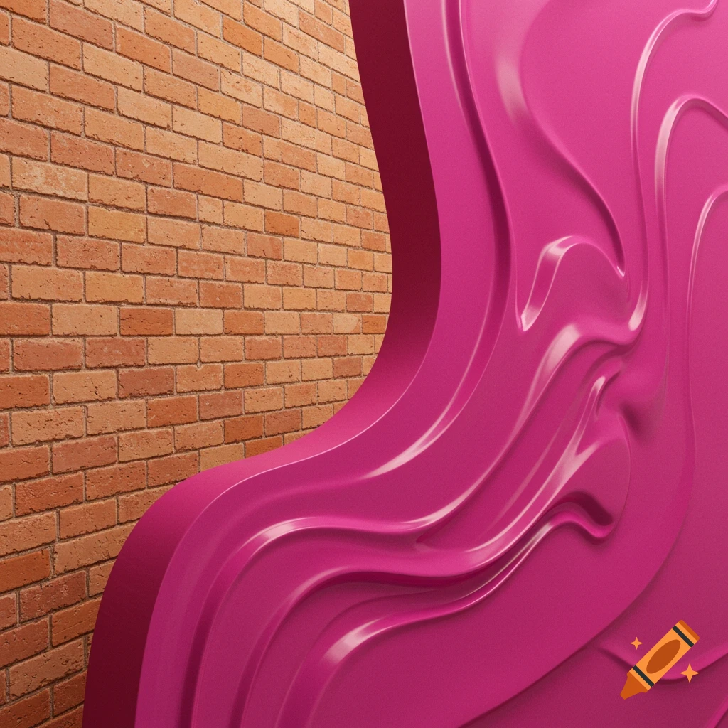 A textured brick wall sits next to a smooth, wavy, reflective pink structure.