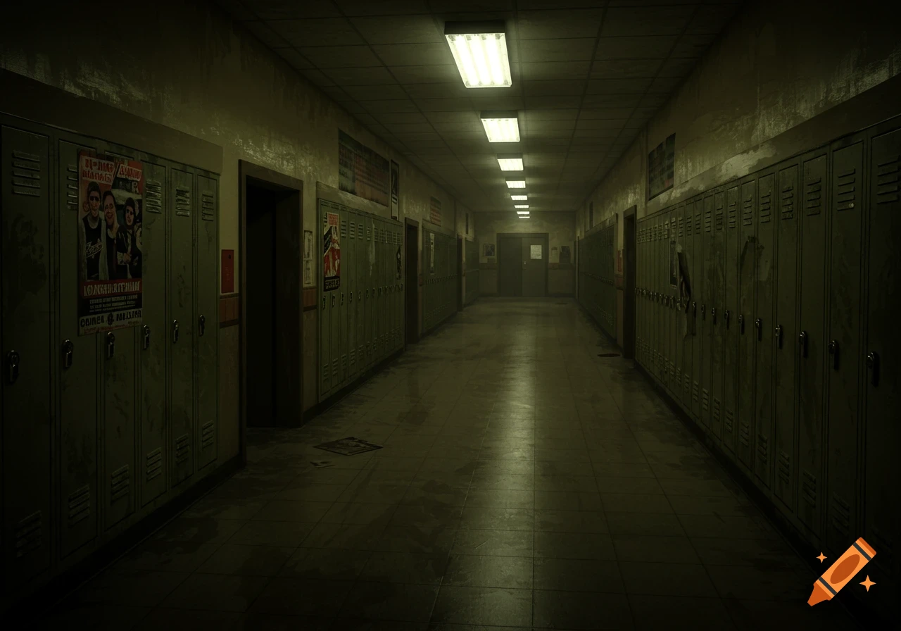 Dark empty school hallway with lockers and fluorescent lights in analog horror style.
