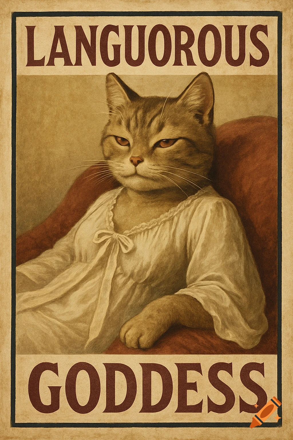 Poster of an anthropomorphic cat in a peignoir sitting on a chair, text reads Languorous Goddess.