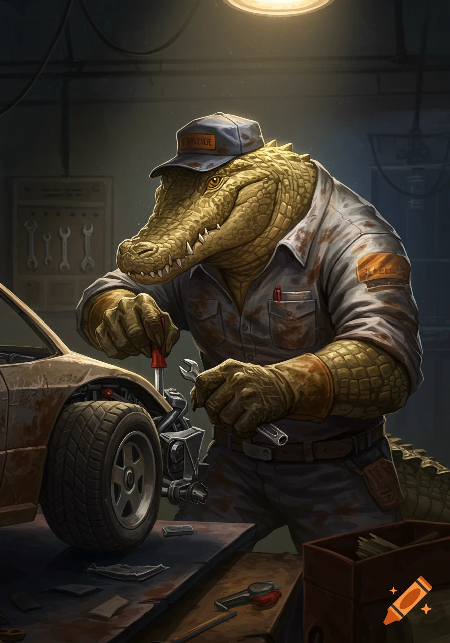 Anthropomorphic alligator mechanic works on a car engine in a garage.
