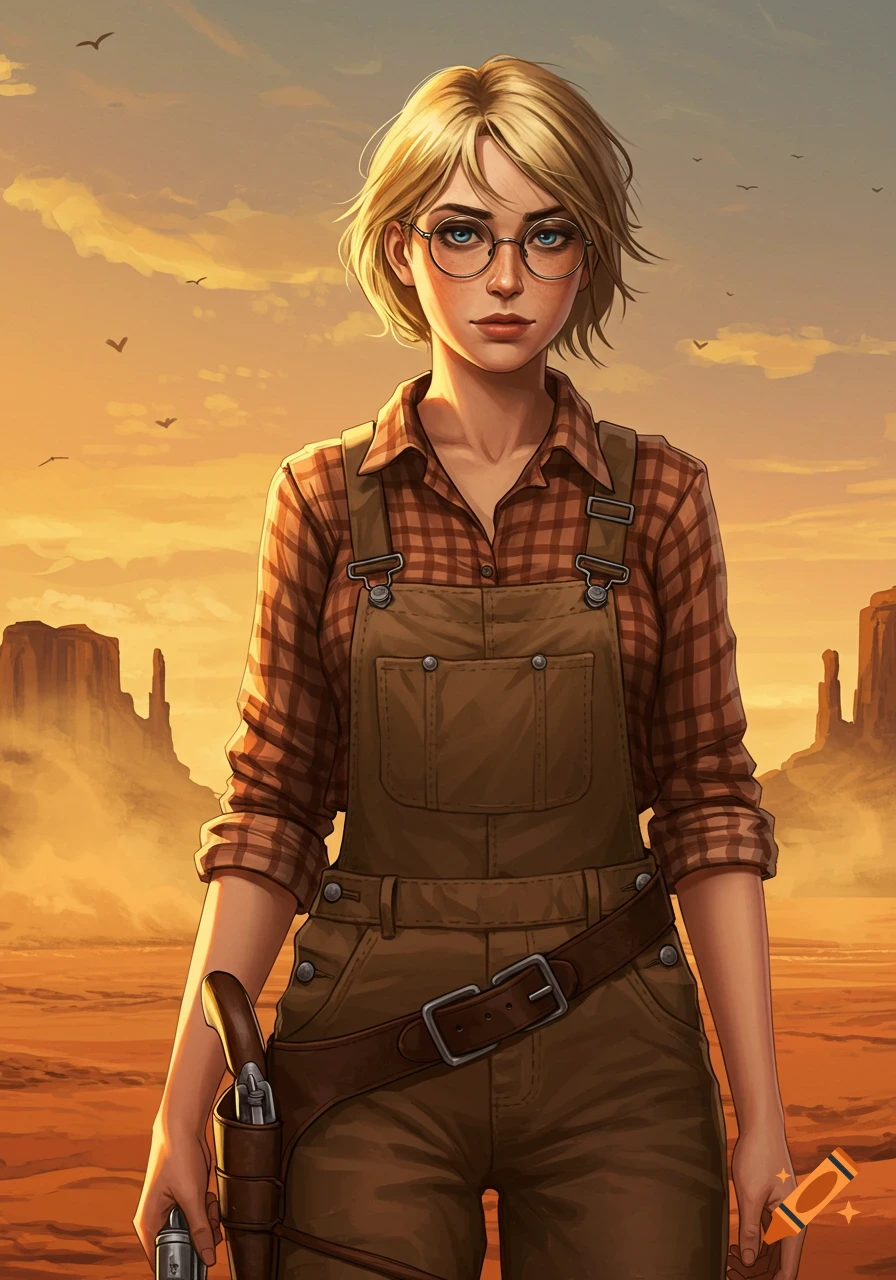 Digital illustration of a young woman in overalls and plaid shirt holding a gun in the Wild West.