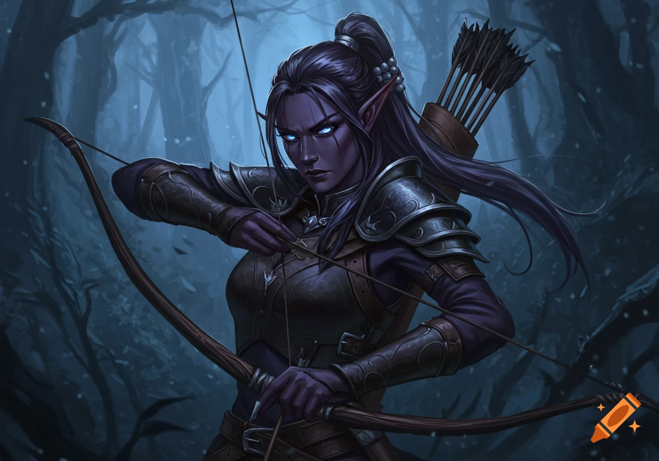 A drow archer draws a bow in a dark forest. Fantasy art.
