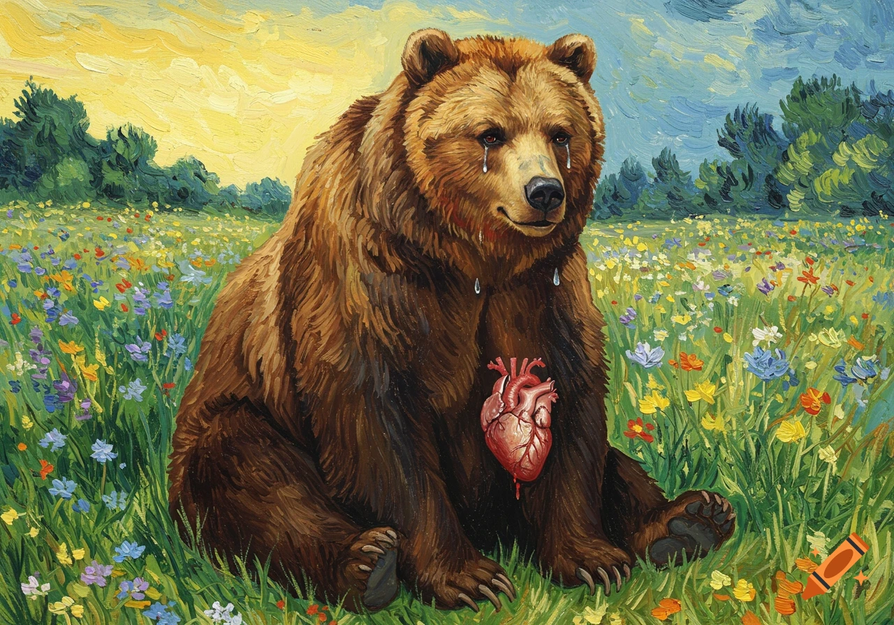 Crying bear holding a heart in a field of wildflowers, van gogh style painting.