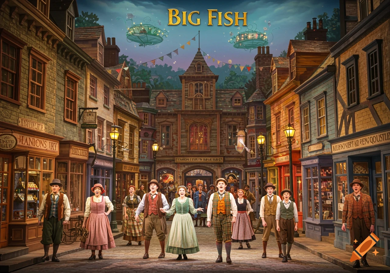 People stand in a bustling, old-fashioned town square with buildings and airships in the sky. Title 'BIG FISH'