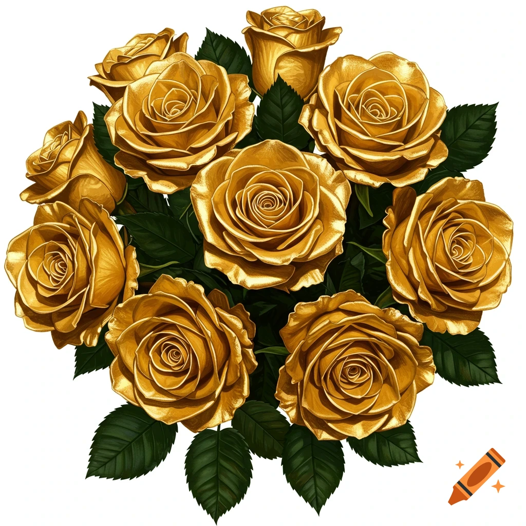 A stylized bouquet of gold roses with green leaves against a white background.
