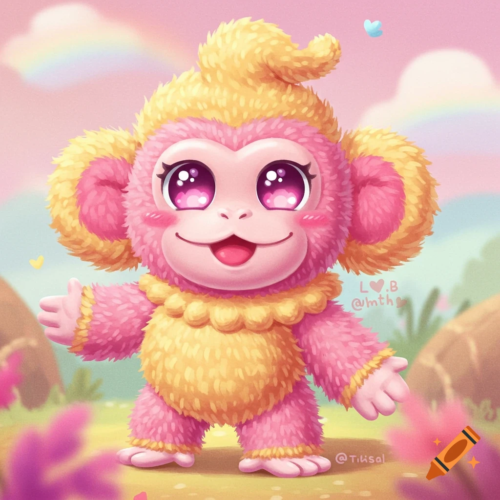 A pink and yellow fluffy cartoon monkey with big eyes stands in a field with a rainbow.
