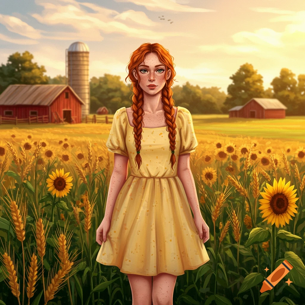 Illustration of a red-haired woman with braids in a yellow dress standing in a field of sunflowers and wheat with a farm behind her.