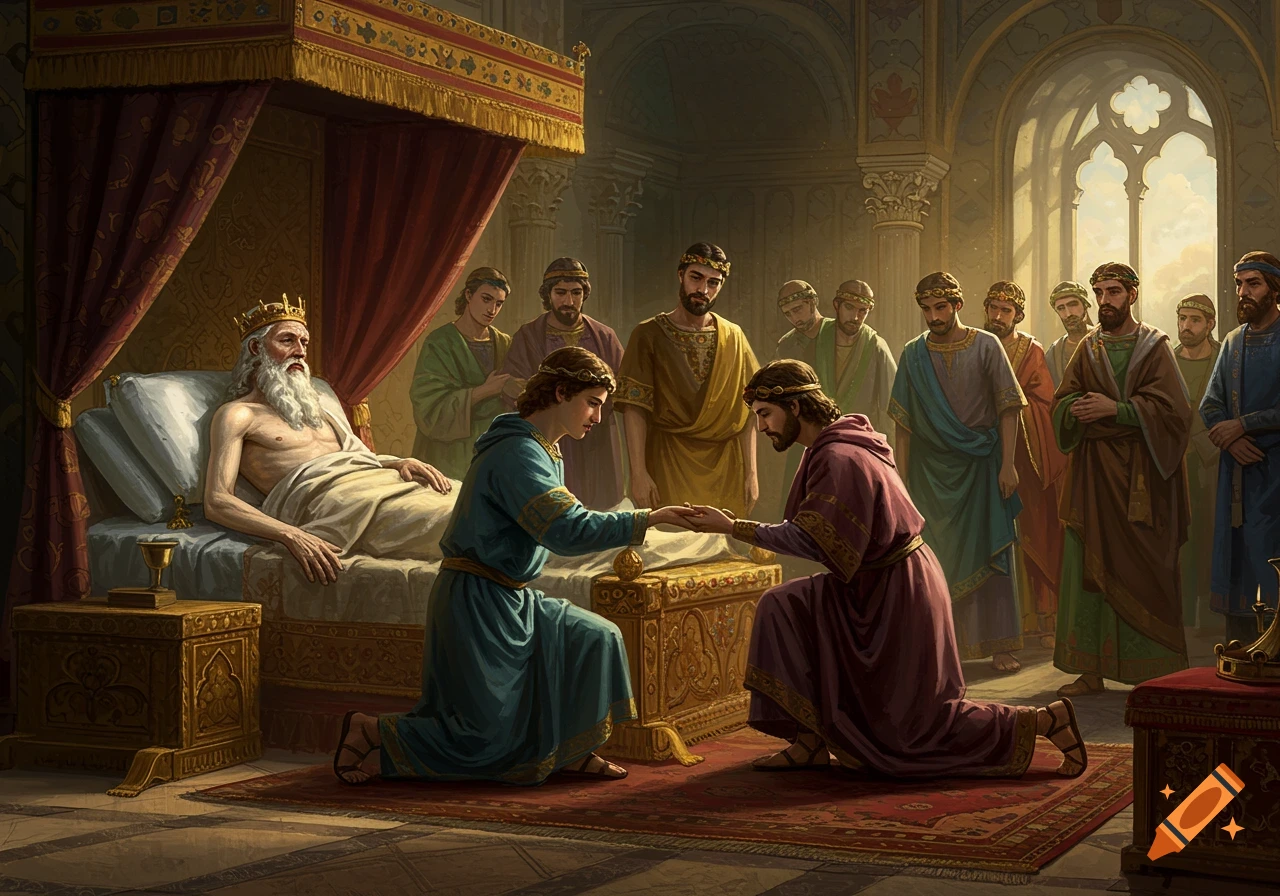 Painting of an old king lying in bed, with two younger men kneeling before him and others standing around.