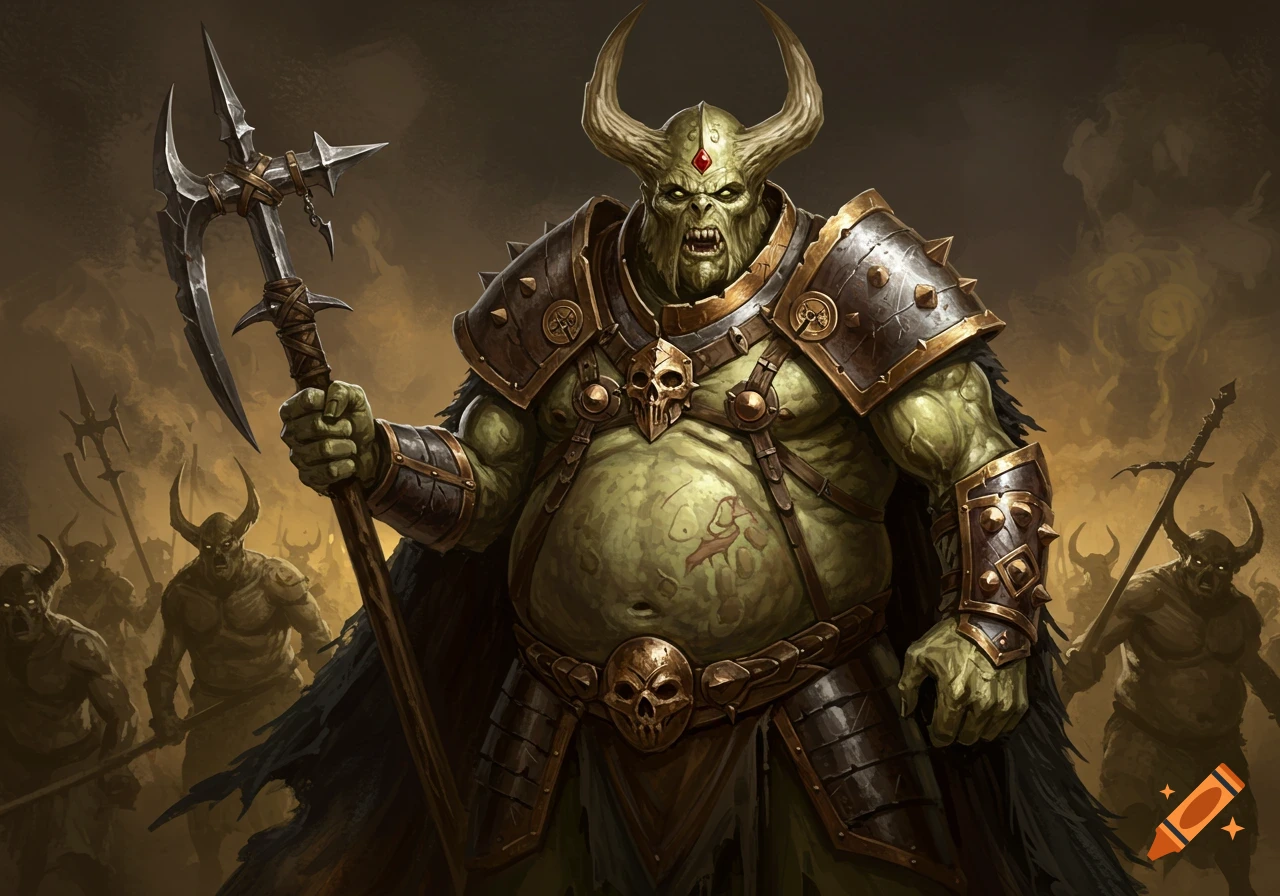 A large green fantasy monster in armor holds an axe.