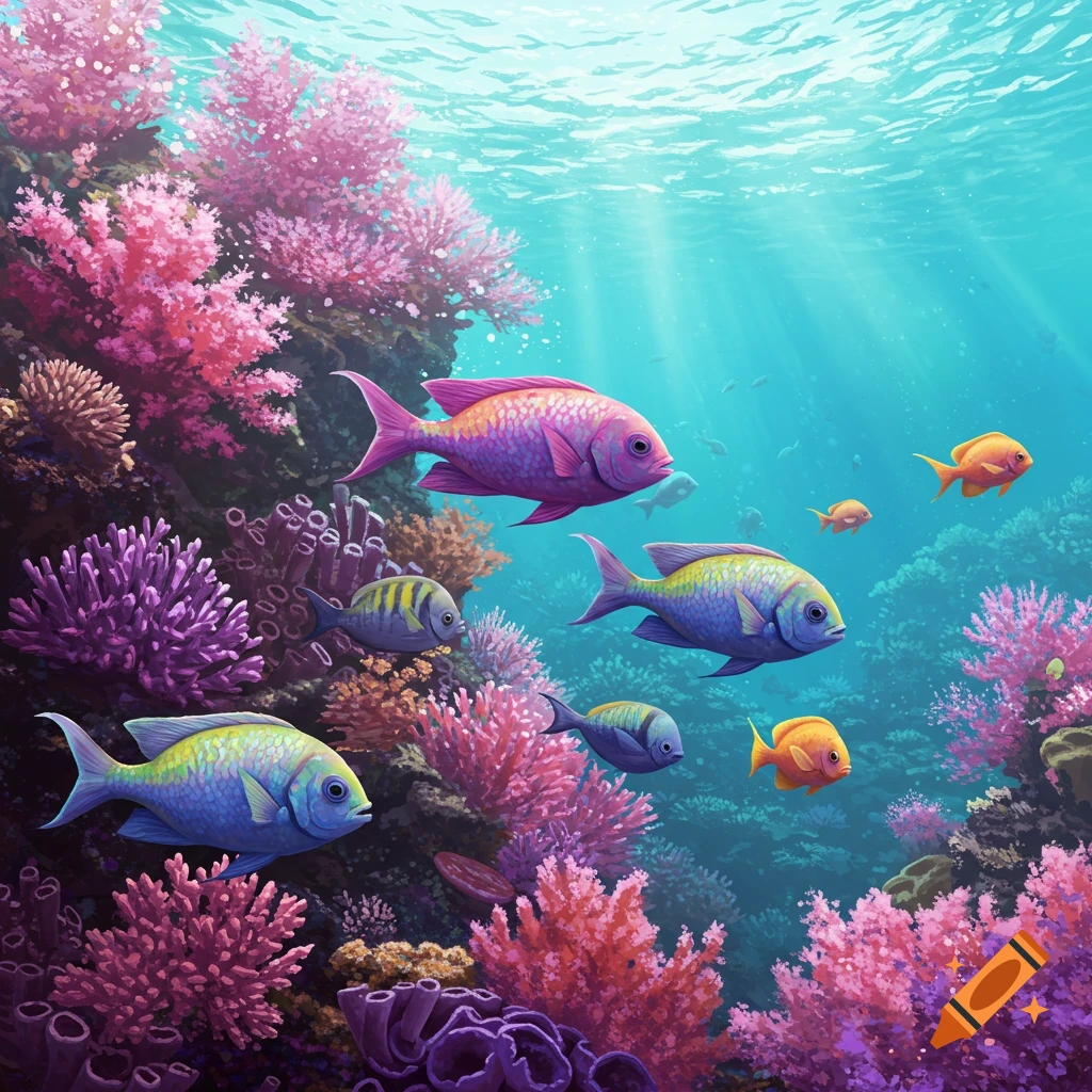 Colorful fish swim among vibrant coral in bright blue water with light rays.