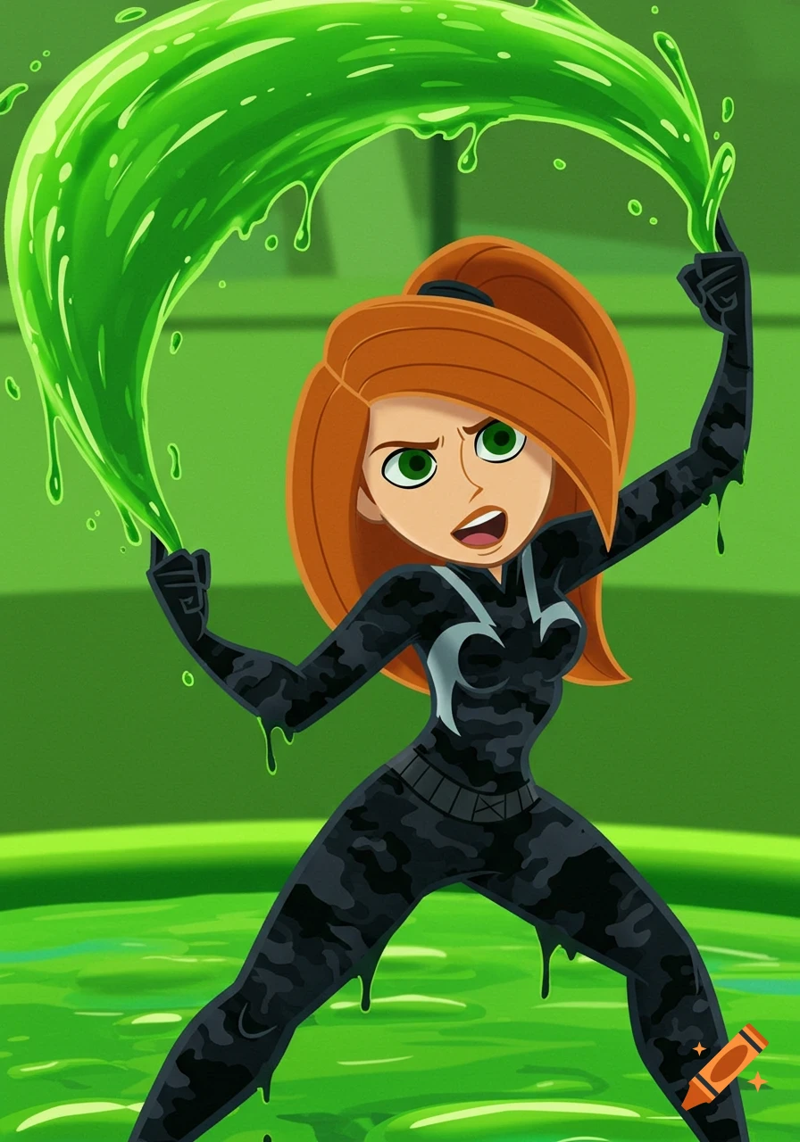 Cartoon style image of Kim Possible in a black camo suit wielding green slime.