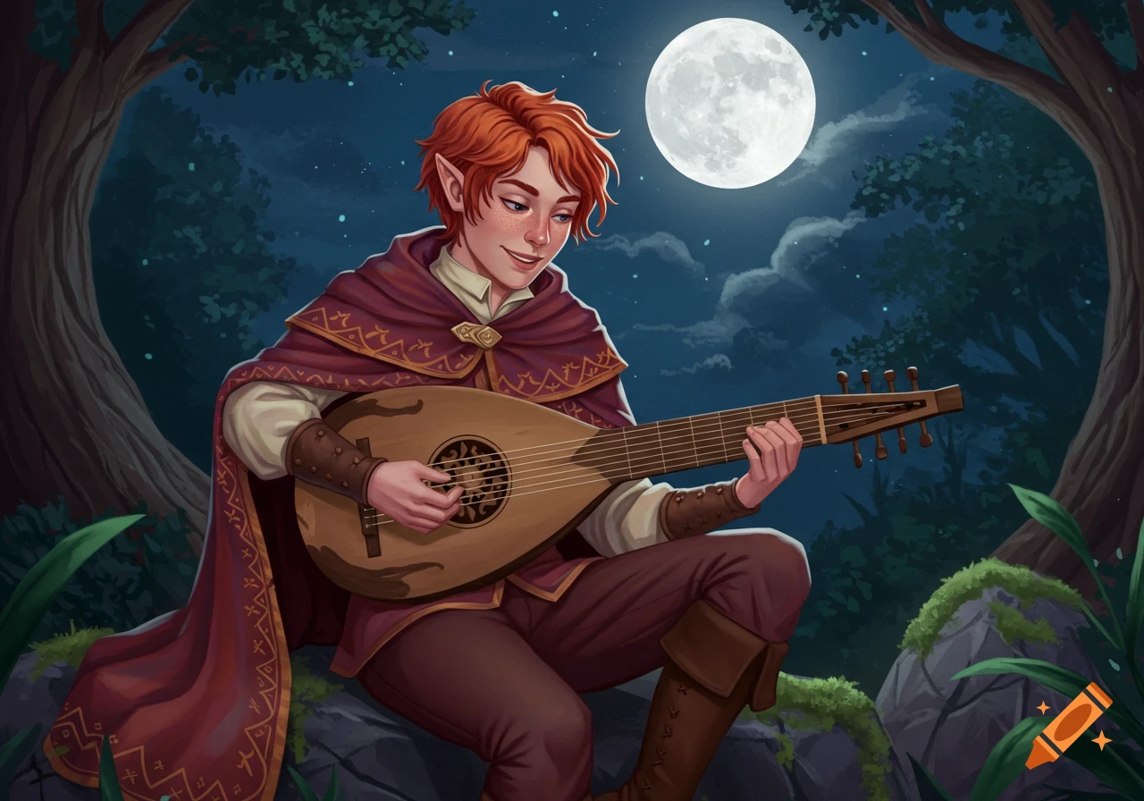 A red-haired elf bard plays a lute under a full moon in a forest ...